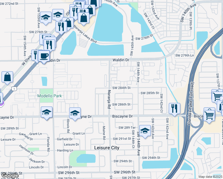 map of restaurants, bars, coffee shops, grocery stores, and more near 28401 Southwest 147th Avenue in Homestead