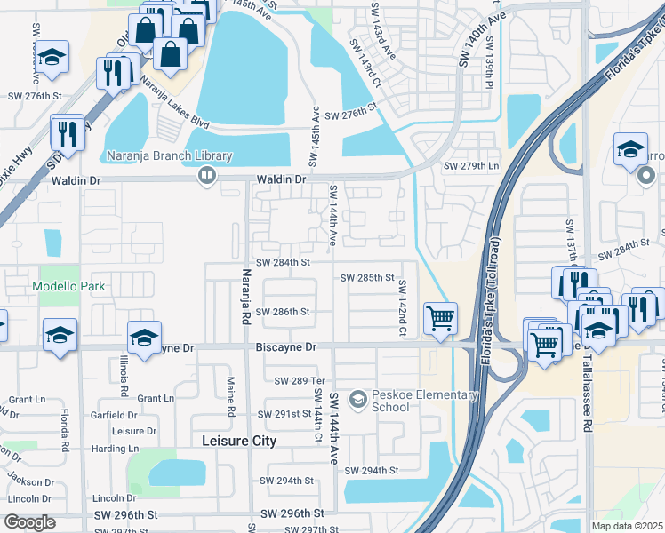 map of restaurants, bars, coffee shops, grocery stores, and more near 25586 SW 144th Ave in Homestead