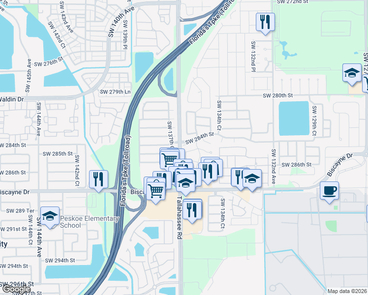 map of restaurants, bars, coffee shops, grocery stores, and more near 13632 Southwest 284th Terrace in Homestead