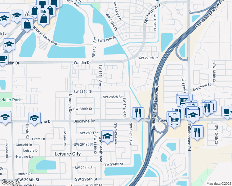 map of restaurants, bars, coffee shops, grocery stores, and more near 14290 Southwest 284th Street in Homestead