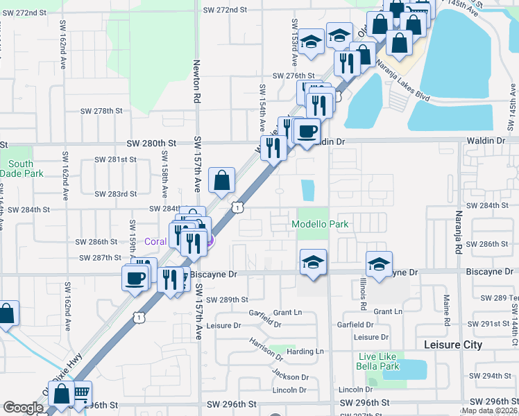 map of restaurants, bars, coffee shops, grocery stores, and more near 15340 Southwest 284th Street in Homestead