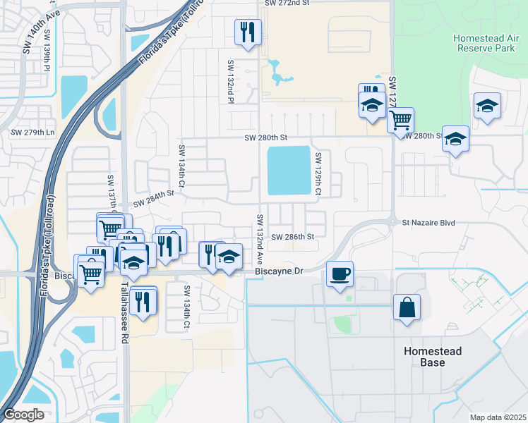 map of restaurants, bars, coffee shops, grocery stores, and more near 28444 Southwest 131st Court in Homestead