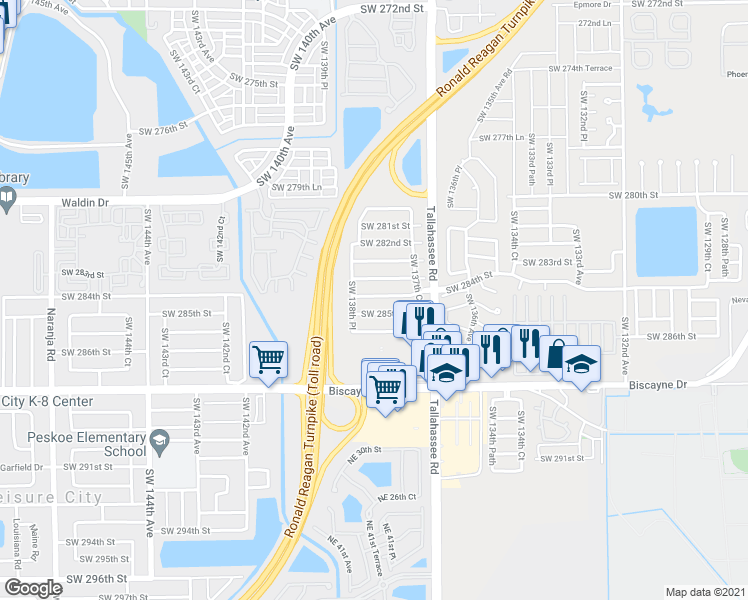 map of restaurants, bars, coffee shops, grocery stores, and more near 13840 Southwest 284th Street in Homestead