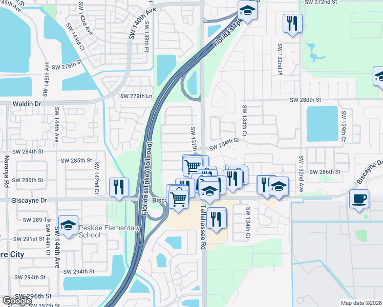 map of restaurants, bars, coffee shops, grocery stores, and more near 13730 Southwest 284th Street in Homestead