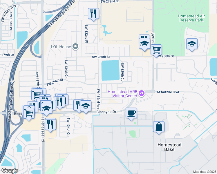 map of restaurants, bars, coffee shops, grocery stores, and more near 28441 Southwest 130th Place in Homestead