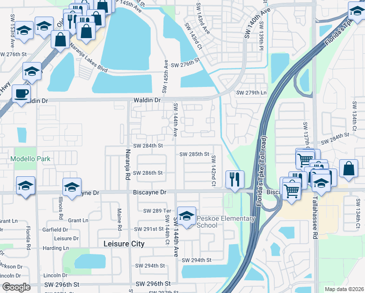 map of restaurants, bars, coffee shops, grocery stores, and more near 14360 Southwest 284th Street in Homestead