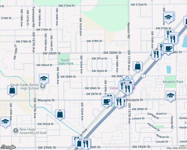 map of restaurants, bars, coffee shops, grocery stores, and more near 16001 Southwest 284th Street in Homestead