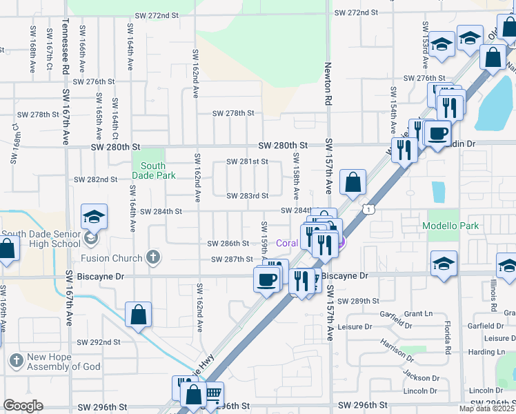 map of restaurants, bars, coffee shops, grocery stores, and more near 15901 Southwest 284th Street in Homestead