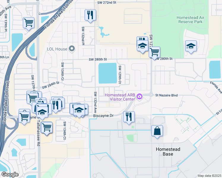 map of restaurants, bars, coffee shops, grocery stores, and more near 28420 Southwest 129th Place in Homestead