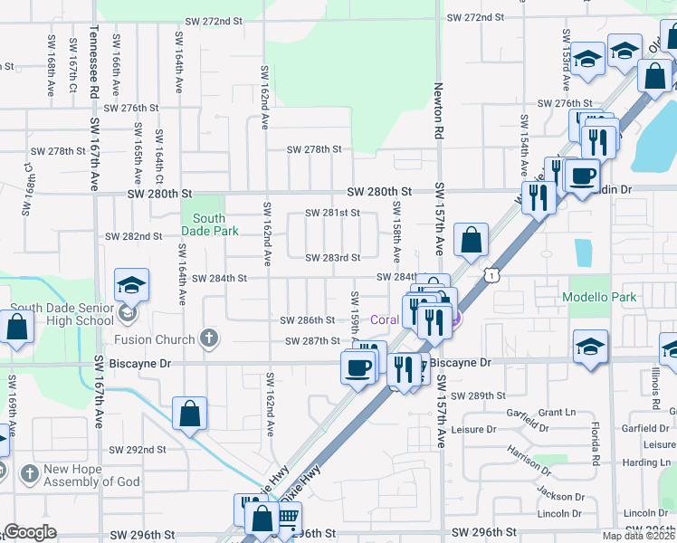 map of restaurants, bars, coffee shops, grocery stores, and more near 15901 Southwest 284th Street in Homestead