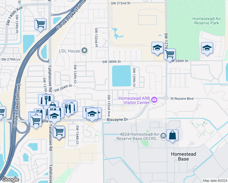 map of restaurants, bars, coffee shops, grocery stores, and more near 28441 Southwest 130th Place in Homestead