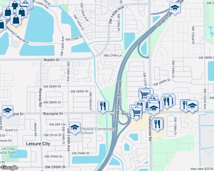 map of restaurants, bars, coffee shops, grocery stores, and more near 28394 Southwest 140th Place in Homestead