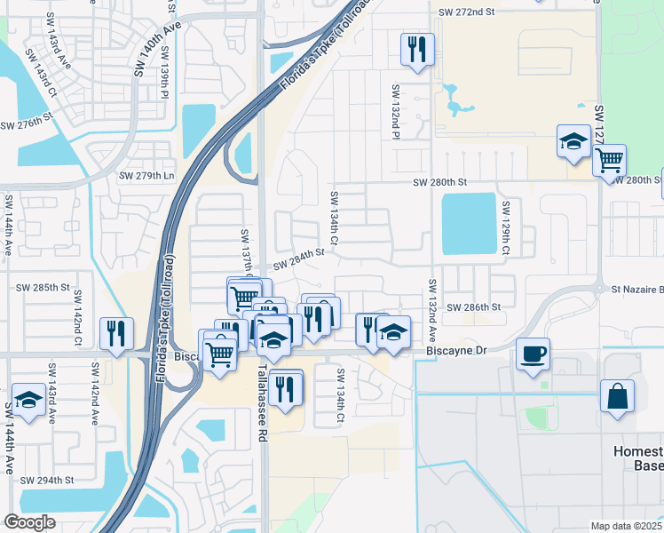 map of restaurants, bars, coffee shops, grocery stores, and more near 28426 Southwest 134th Court in Homestead
