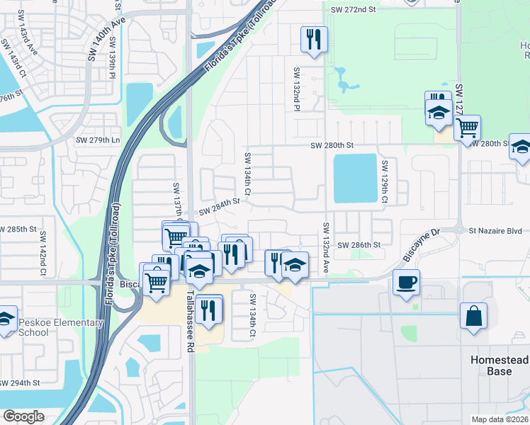 map of restaurants, bars, coffee shops, grocery stores, and more near 28413 Southwest 133rd Path in Homestead