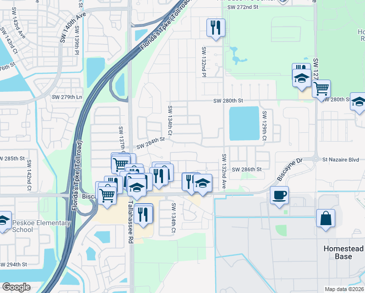 map of restaurants, bars, coffee shops, grocery stores, and more near 28413 Southwest 133rd Path in Homestead