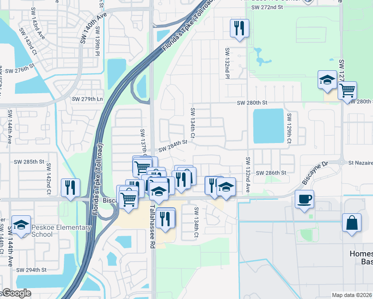 map of restaurants, bars, coffee shops, grocery stores, and more near 28426 Southwest 134th Court in Homestead