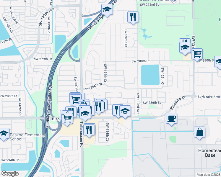 map of restaurants, bars, coffee shops, grocery stores, and more near 28413 Southwest 133rd Path in Homestead