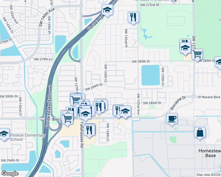 map of restaurants, bars, coffee shops, grocery stores, and more near 28413 Southwest 133rd Path in Homestead