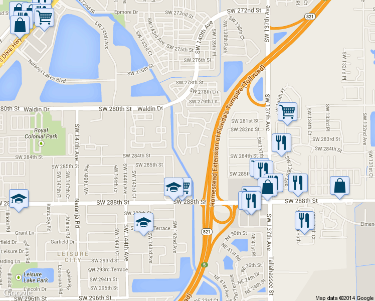 map of restaurants, bars, coffee shops, grocery stores, and more near 28394 Southwest 140th Place in Homestead
