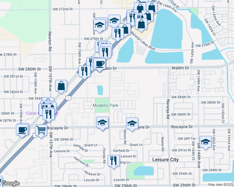 map of restaurants, bars, coffee shops, grocery stores, and more near 28355 Southwest 152nd Avenue in Homestead