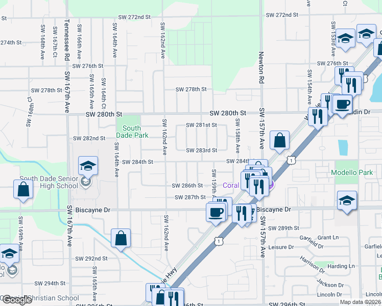 map of restaurants, bars, coffee shops, grocery stores, and more near 16001 Southwest 284th Street in Homestead