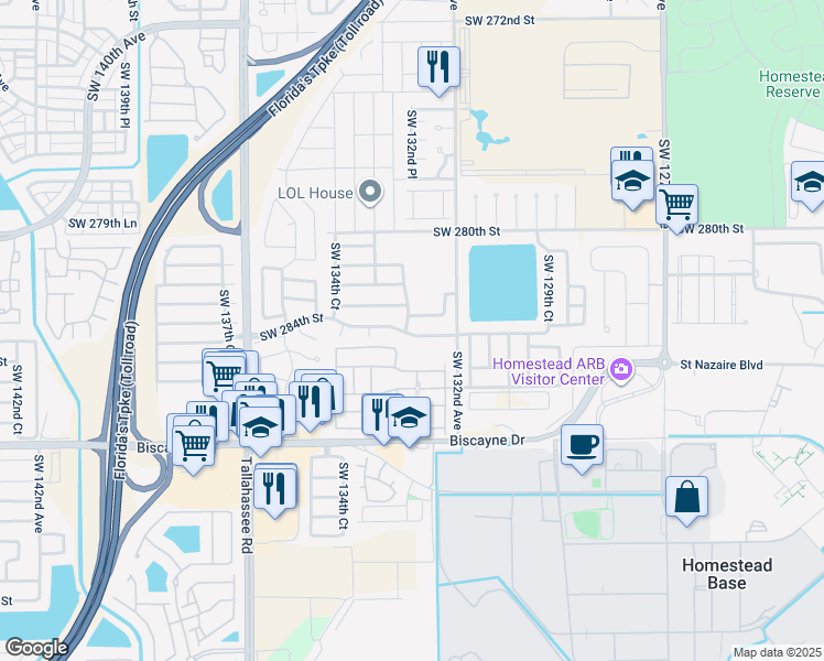 map of restaurants, bars, coffee shops, grocery stores, and more near 13281 Southwest 284th Street in Homestead