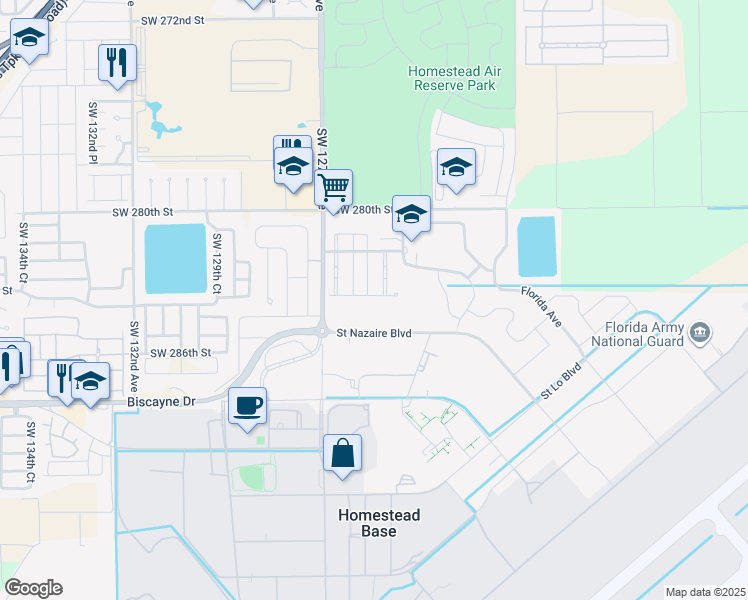 map of restaurants, bars, coffee shops, grocery stores, and more near 12490 Southwest 283rd Terrace in Homestead