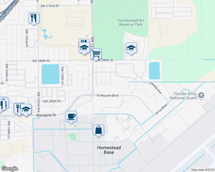 map of restaurants, bars, coffee shops, grocery stores, and more near 12490 Southwest 283rd Terrace in Homestead