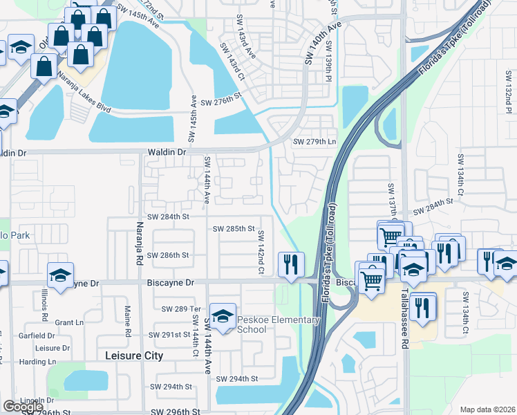 map of restaurants, bars, coffee shops, grocery stores, and more near 28405 Southwest 142nd Court in Homestead