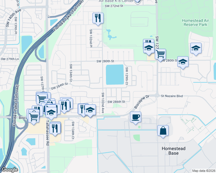 map of restaurants, bars, coffee shops, grocery stores, and more near 13147 Southwest 284th Street in Homestead