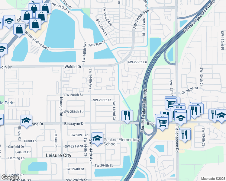 map of restaurants, bars, coffee shops, grocery stores, and more near 28405 Southwest 142nd Court in Homestead