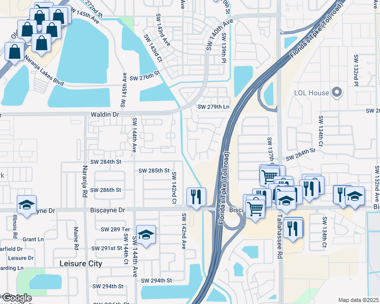 map of restaurants, bars, coffee shops, grocery stores, and more near 28241 Southwest 141st Court in Homestead