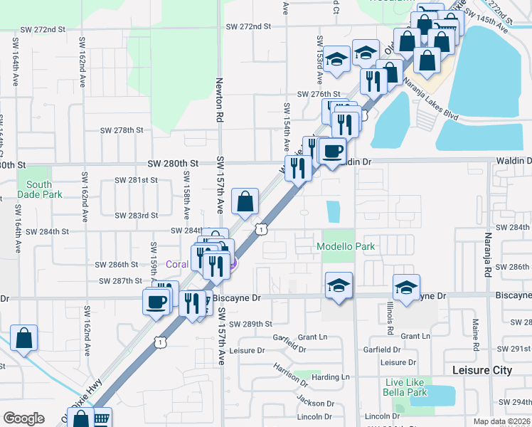 map of restaurants, bars, coffee shops, grocery stores, and more near 28140 South Dixie Highway in Homestead
