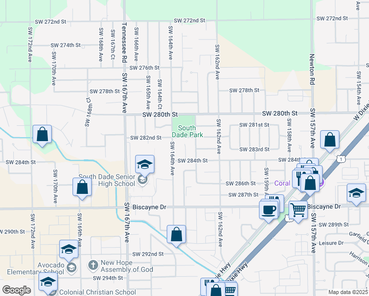 map of restaurants, bars, coffee shops, grocery stores, and more near 16310 Southwest 282nd Street in Homestead