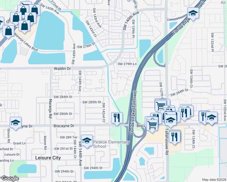 map of restaurants, bars, coffee shops, grocery stores, and more near 28241 Southwest 141st Court in Homestead