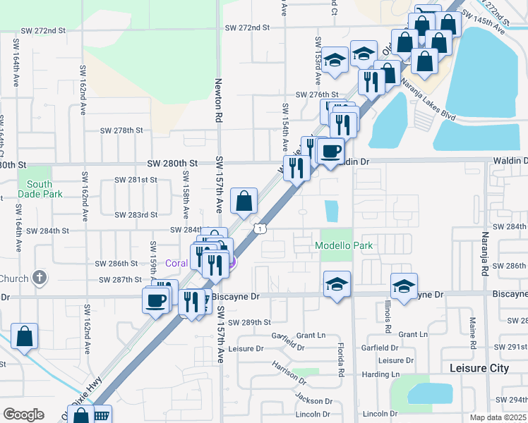 map of restaurants, bars, coffee shops, grocery stores, and more near 28140 South Dixie Highway in Homestead