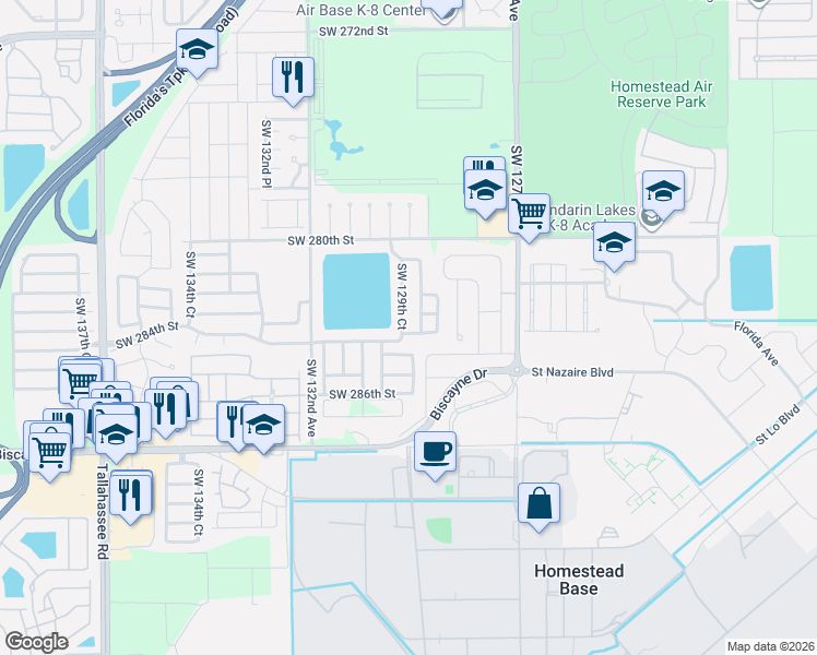 map of restaurants, bars, coffee shops, grocery stores, and more near 28302 Southwest 128th Path in Homestead