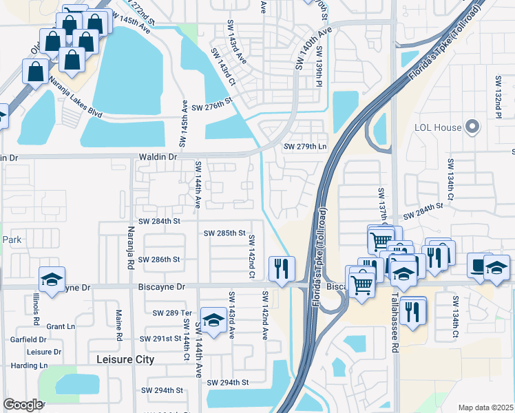map of restaurants, bars, coffee shops, grocery stores, and more near in Leisure City
