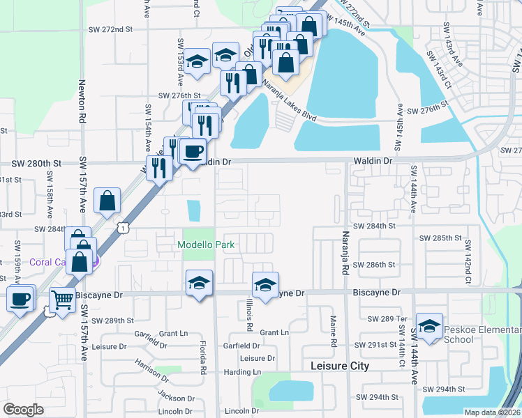map of restaurants, bars, coffee shops, grocery stores, and more near 14961 Southwest 283rd Street in Homestead