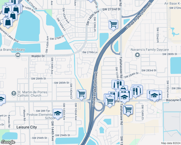 map of restaurants, bars, coffee shops, grocery stores, and more near 13925 Southwest 283rd Terrace in Homestead