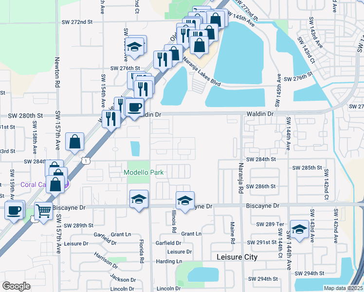 map of restaurants, bars, coffee shops, grocery stores, and more near 14961 Southwest 283rd Street in Homestead