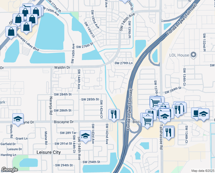 map of restaurants, bars, coffee shops, grocery stores, and more near 28316 Southwest 141st Place in Homestead