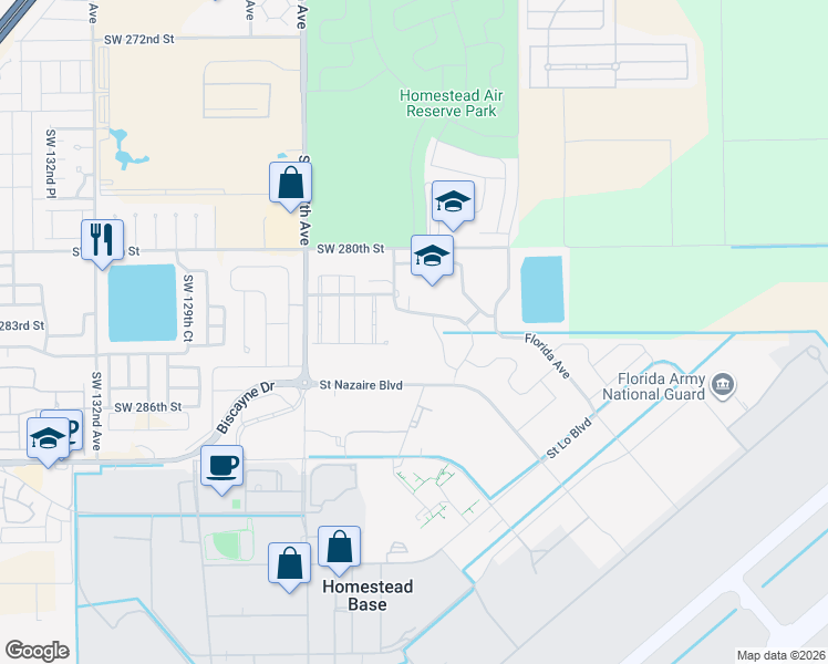map of restaurants, bars, coffee shops, grocery stores, and more near 12360 Southwest 283 Street in Homestead