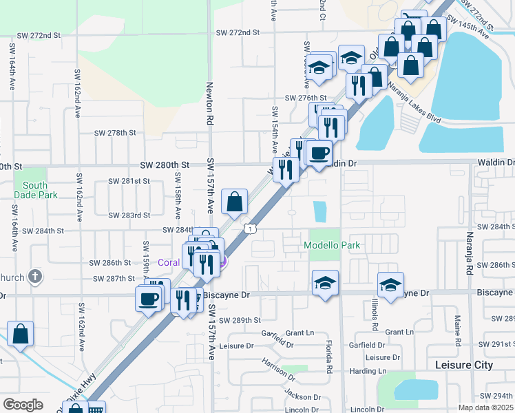 map of restaurants, bars, coffee shops, grocery stores, and more near 28140 South Dixie Highway in Homestead