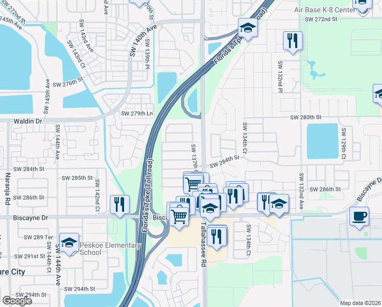 map of restaurants, bars, coffee shops, grocery stores, and more near 13722 Southwest 282nd Terrace in Homestead