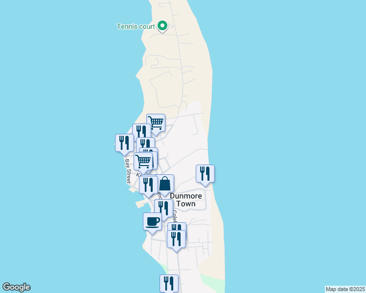 map of restaurants, bars, coffee shops, grocery stores, and more near Bay Street in Dunmore Town