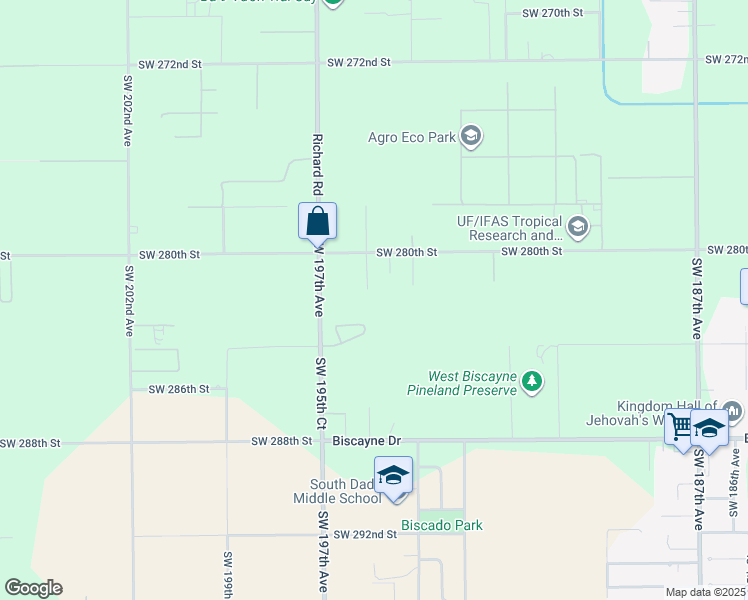 map of restaurants, bars, coffee shops, grocery stores, and more near 28201 Southwest 195th Avenue in Homestead