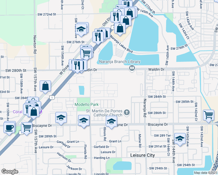 map of restaurants, bars, coffee shops, grocery stores, and more near 14981 Southwest 283rd Street in Homestead