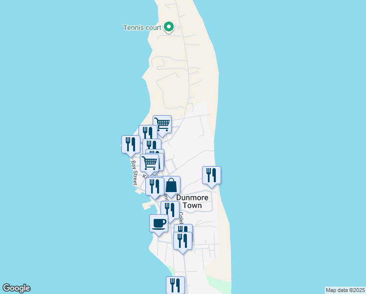 map of restaurants, bars, coffee shops, grocery stores, and more near Bay Street in Dunmore Town