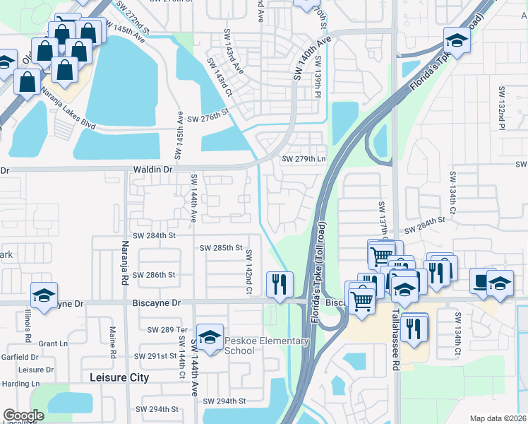 map of restaurants, bars, coffee shops, grocery stores, and more near 28290 Southwest 141st Place in Homestead